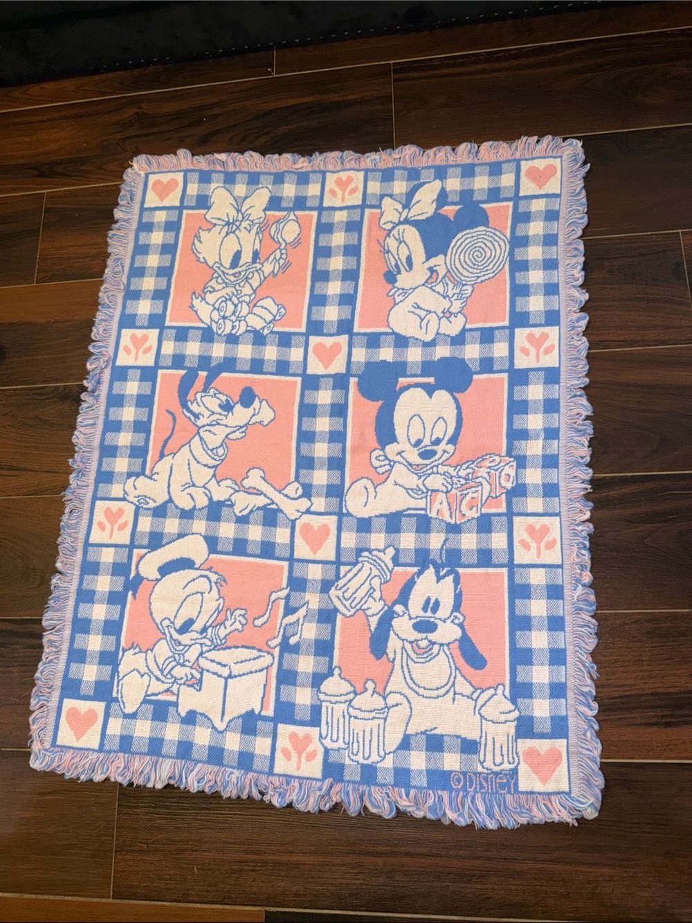 Vintage Disney Baby Tapestry Blanket Mickey Minnie Goofy Pluto Donald Pink Blue